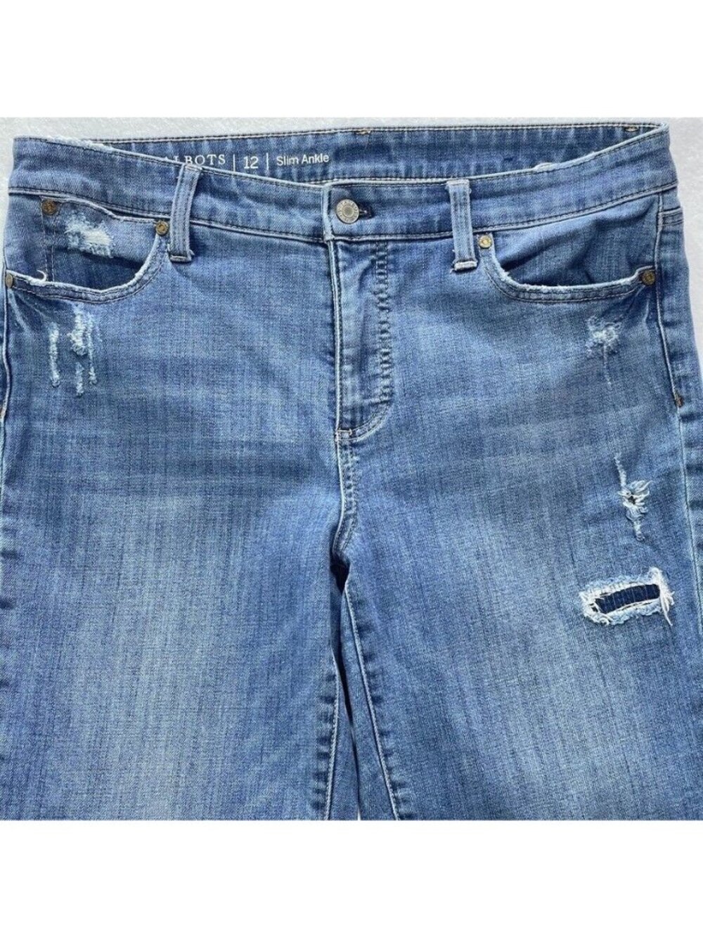 Talbots Flawless Slim Ankle Jeans Size 12 Distressed Raw Hem Medium Wash Stretch - Picture 8 of 12